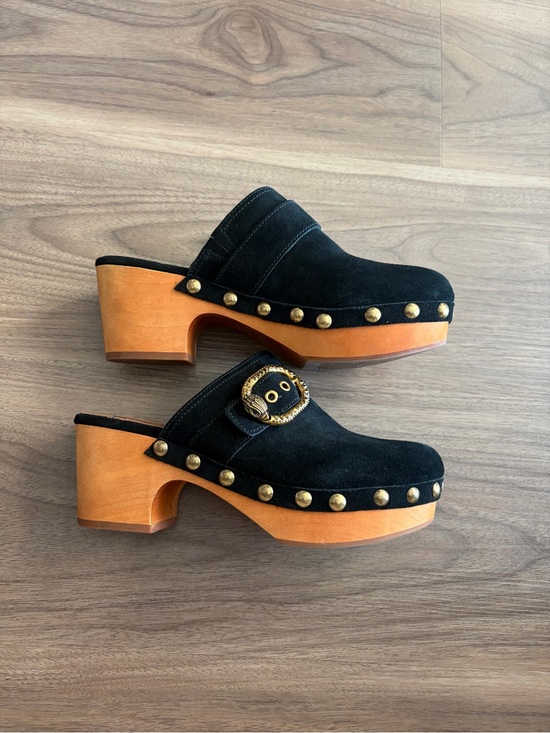 Kurt Geiger Shoes - Kurt Geiger Black Suede Slide Mules with Ornate Gold Buckles